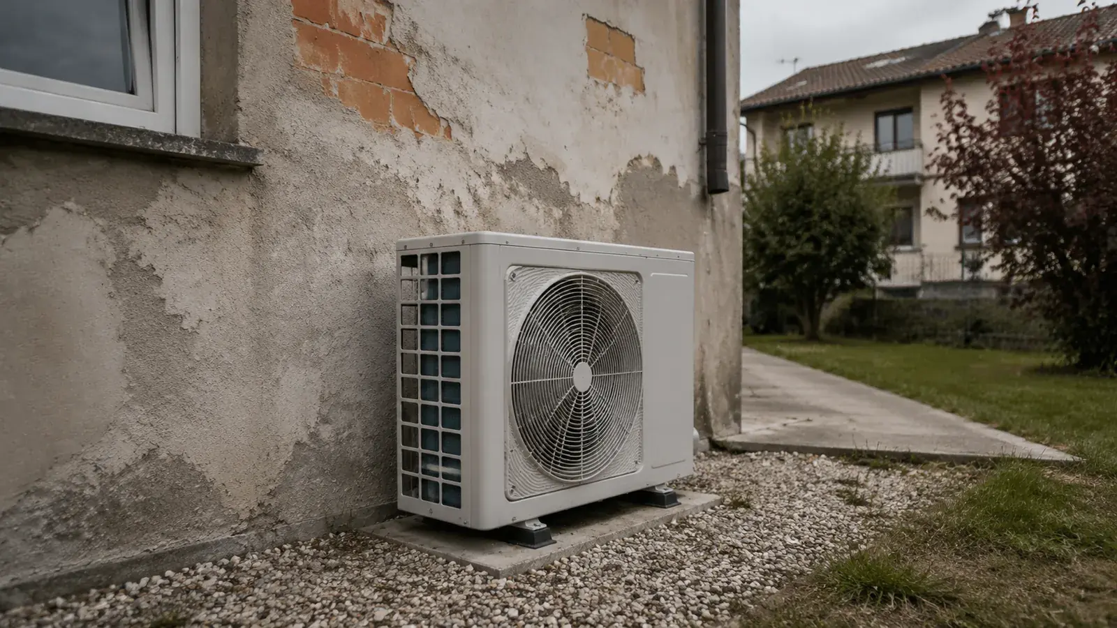 Unità esterna di pompa di calore installata accanto a una villetta non isolata