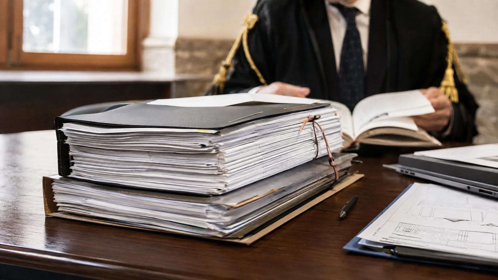 Fascicolo processuale voluminoso su una scrivania di tribunale, con faldoni e perizie tecniche