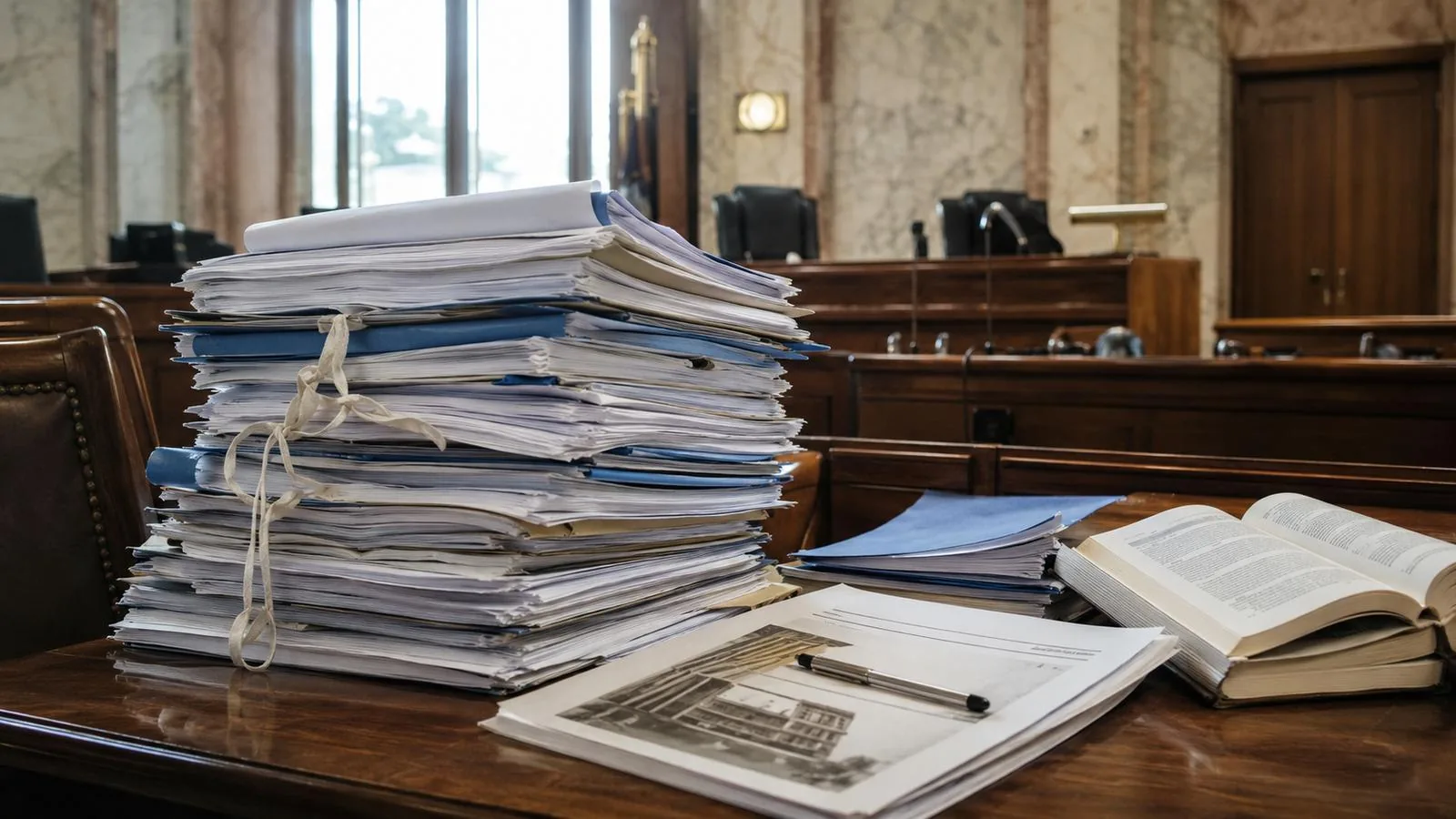 Fascicolo processuale voluminoso su una scrivania di tribunale, con faldoni e perizie tecniche