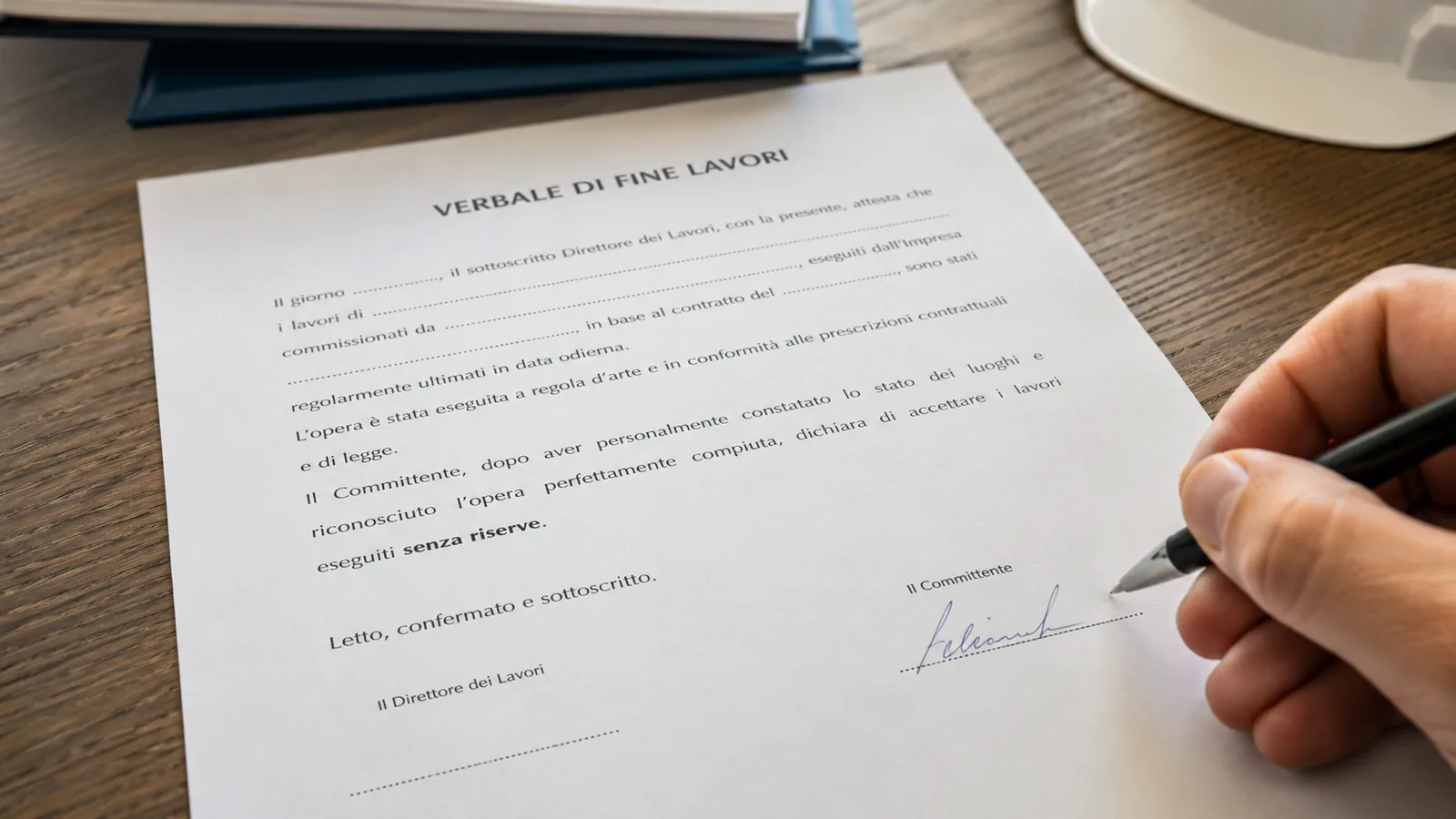 Verbale di fine lavori firmato dal committente senza riserve