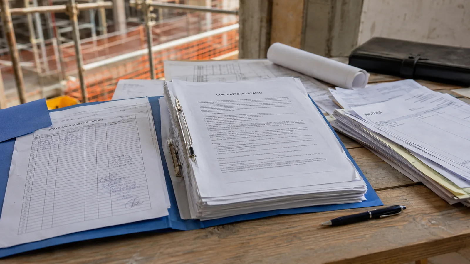 Fascicolo di cantiere aperto sulla scrivania: contratto d'appalto, SAL controfirmati e fatture