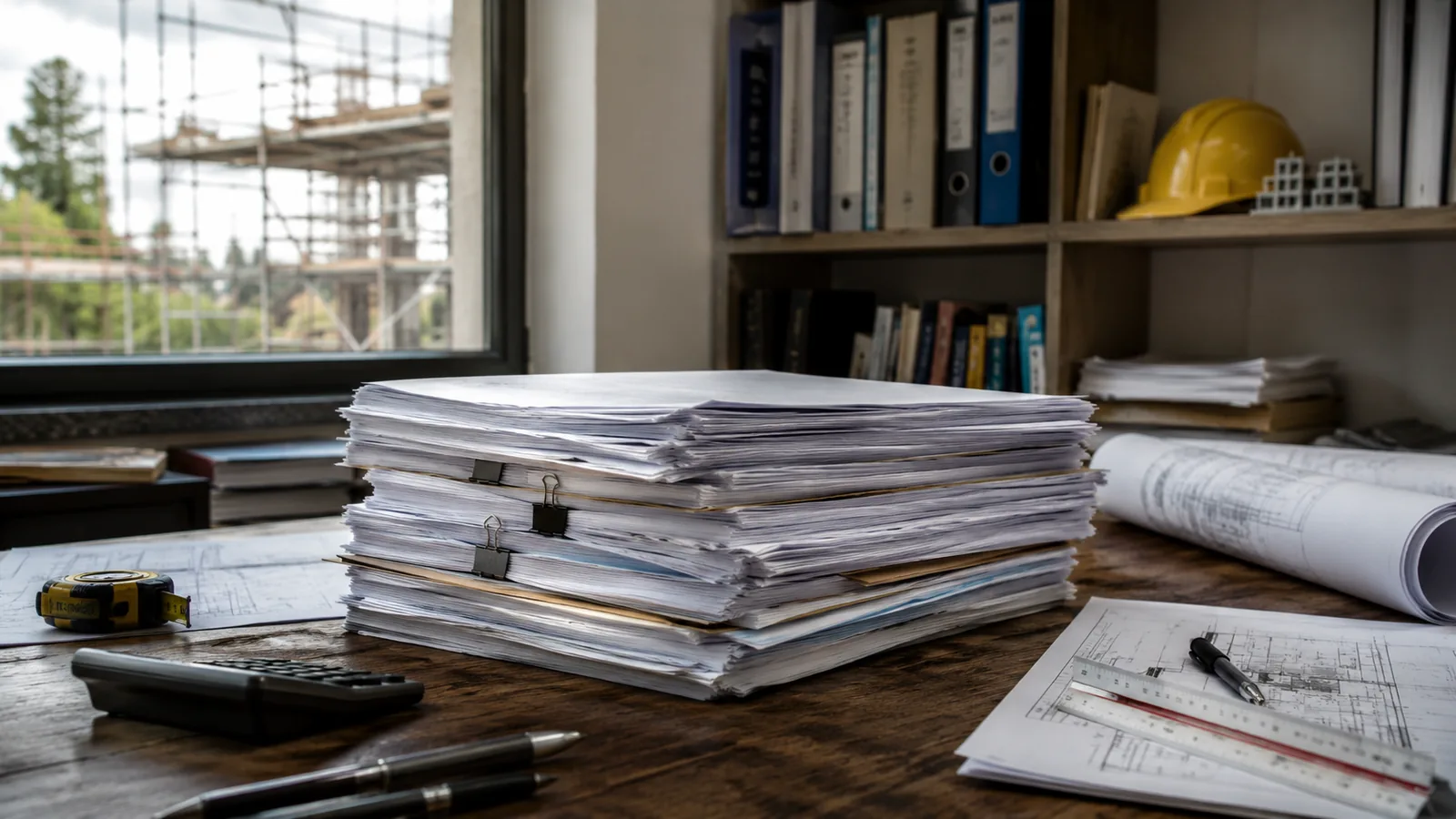 Fatture di subappalto impilate sulla scrivania di un ufficio tecnico