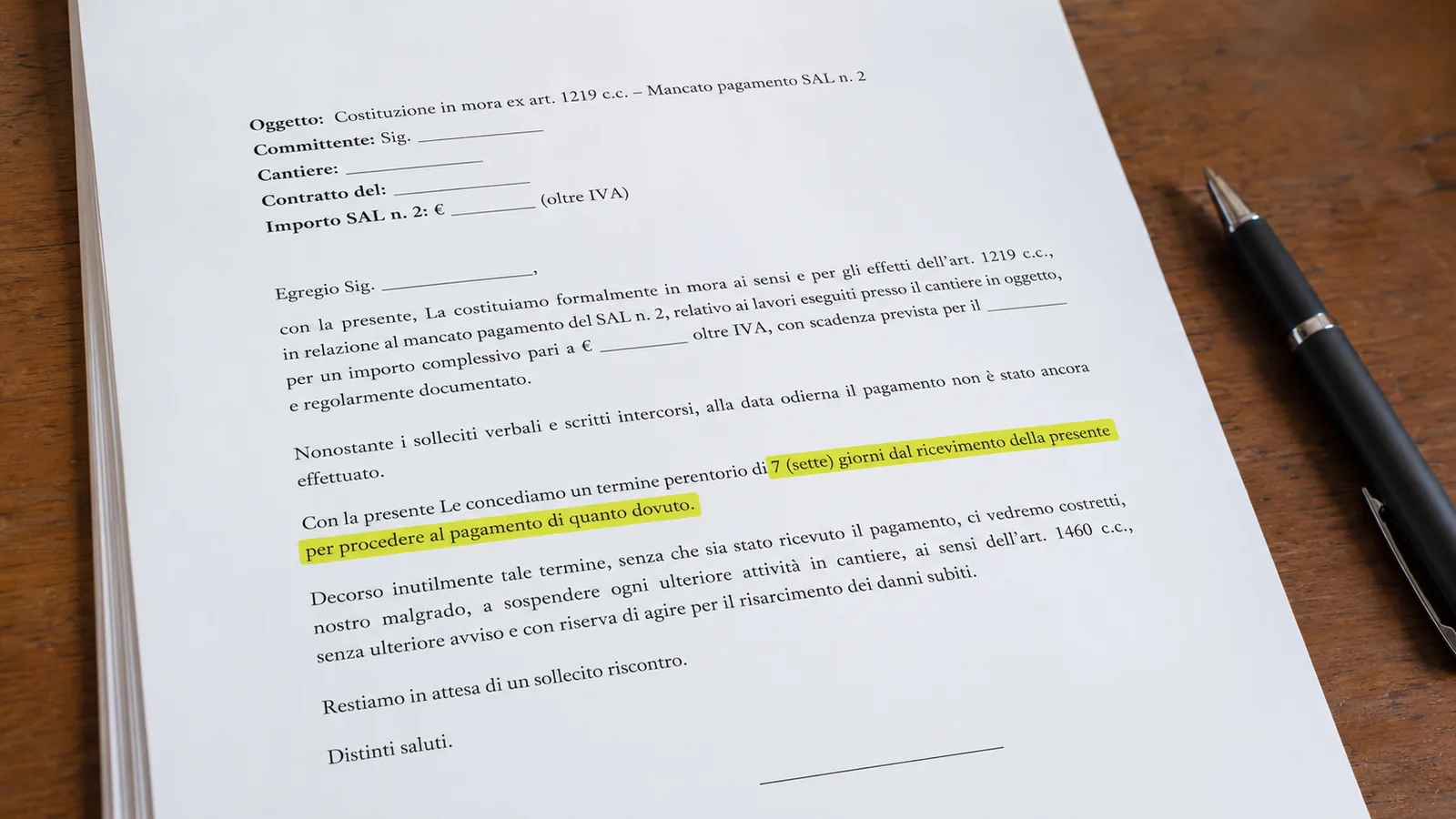 PEC di costituzione in mora stampata, con il termine evidenziato