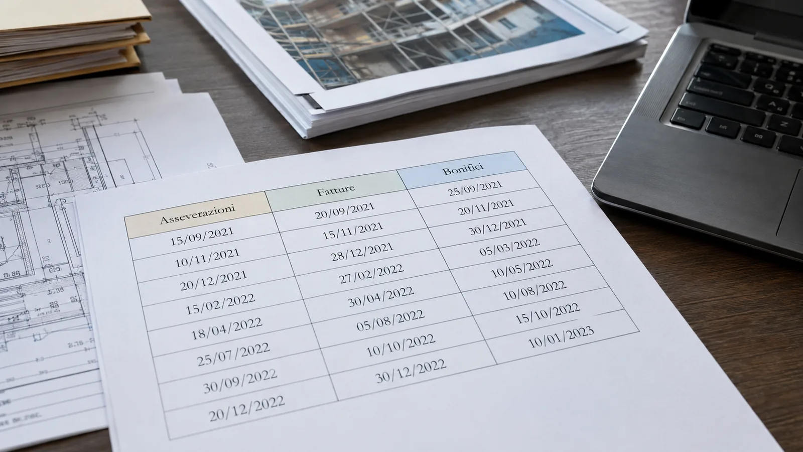 Tabella comparativa stampata con le date delle asseverazioni, delle fatture e dei bonifici affiancate
