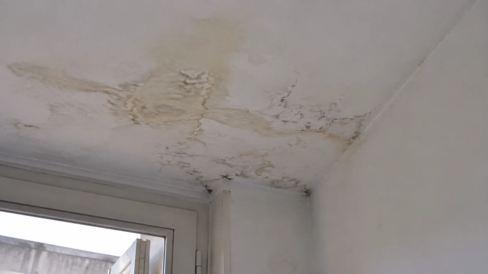 Macchia di umidità sul soffitto dell'appartamento sotto una terrazza a livello