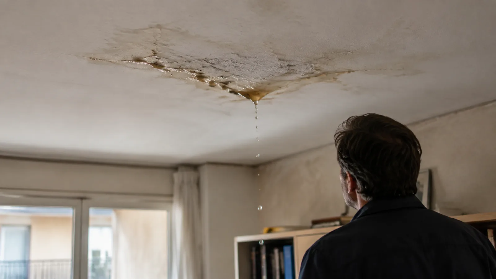 Macchia di umidità sul soffitto dell'appartamento sotto una terrazza a livello