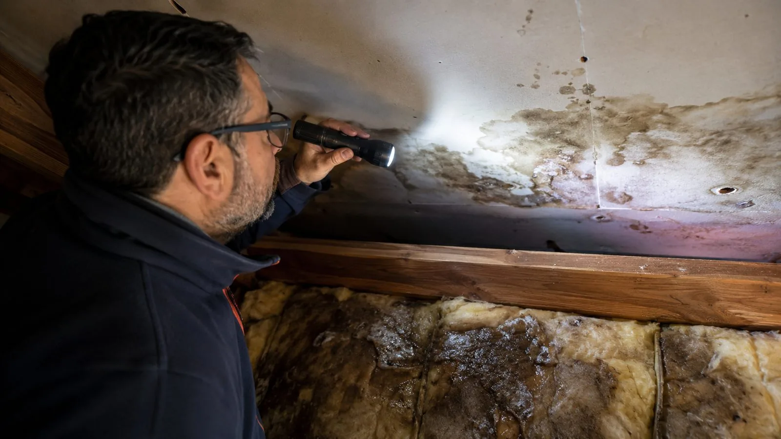 Sottotetto con isolante bagnato e macchia di infiltrazione sul cartongesso, illuminato da una torcia