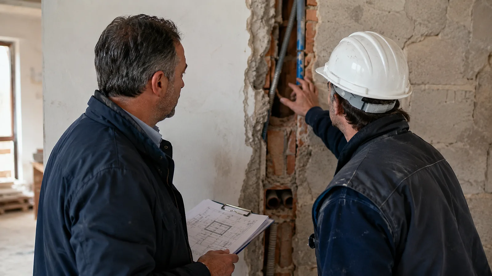 Direttore dei lavori e capocantiere davanti a una traccia aperta nel muro