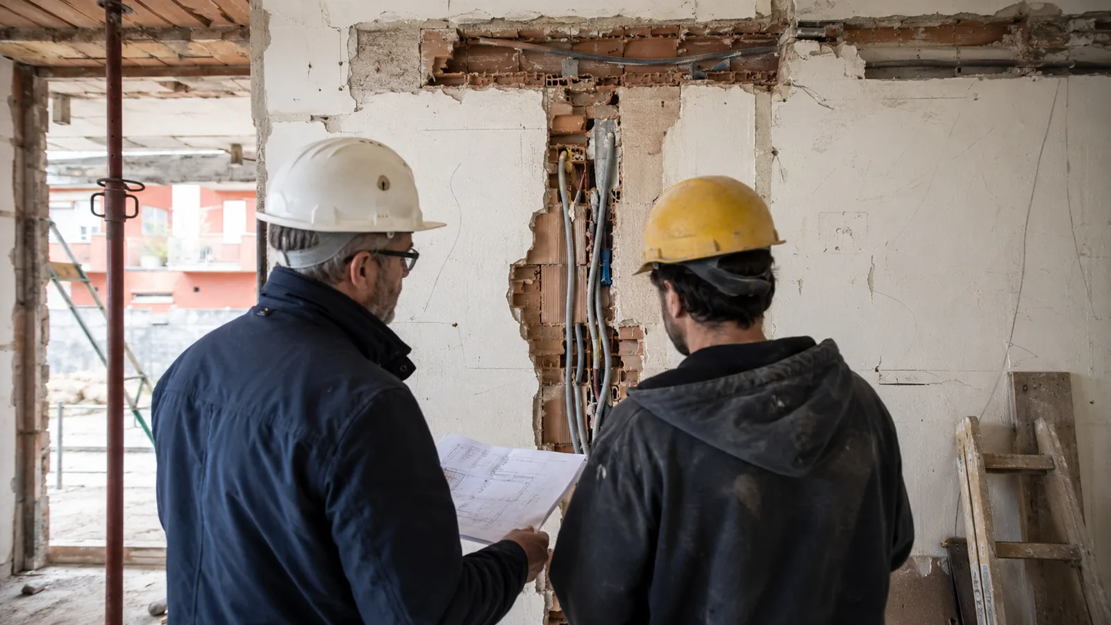 Direttore dei lavori e capocantiere davanti a una traccia aperta nel muro