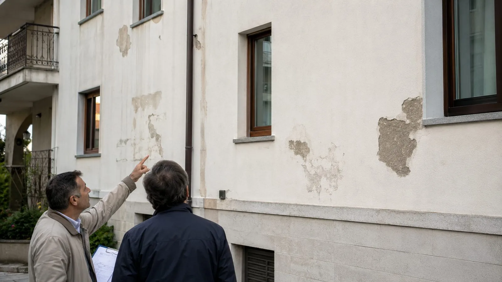 Facciata condominiale appena rifatta con distacchi di intonaco e macchie di umidità, con ponteggio smontato da poco