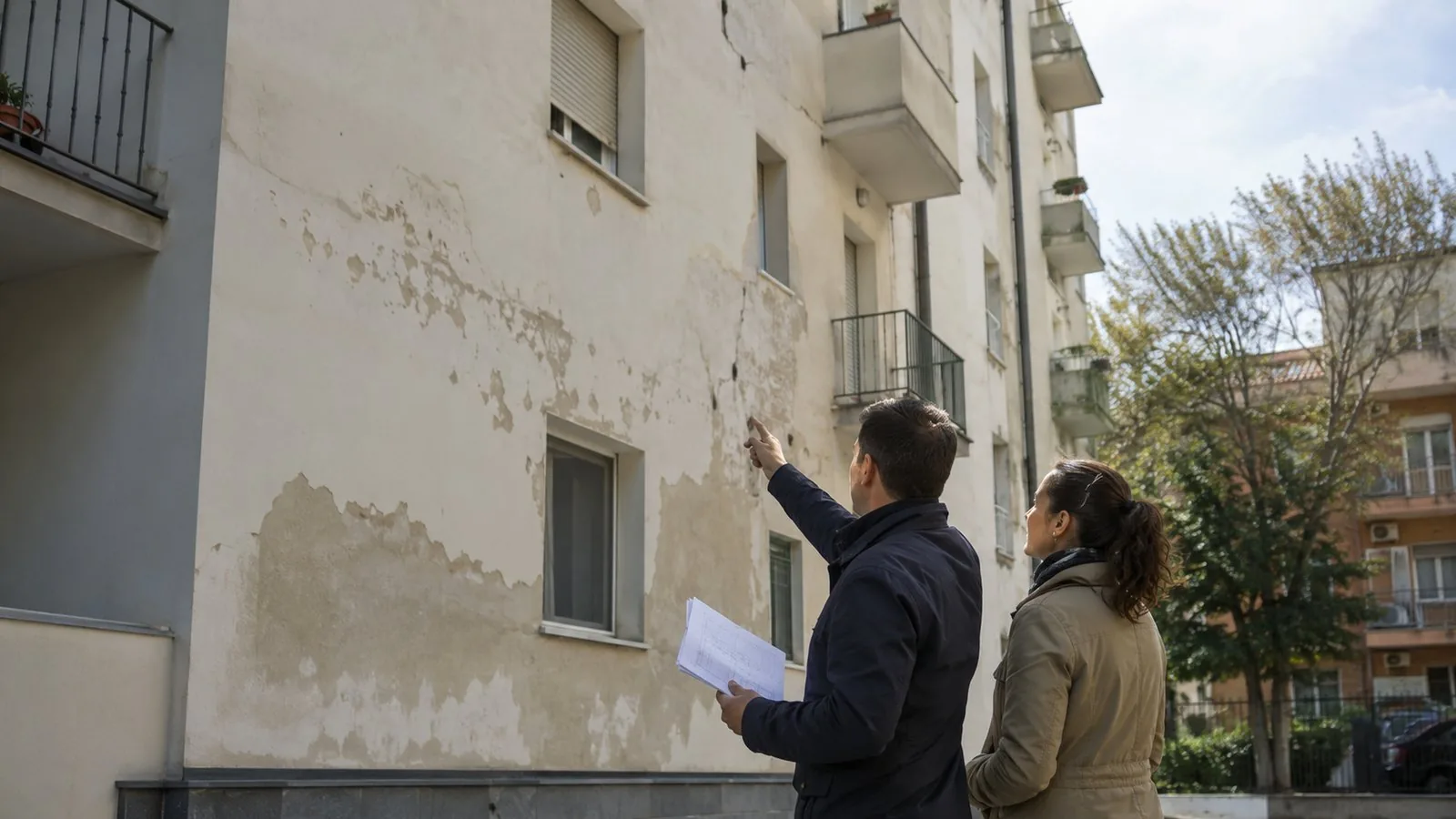 Facciata condominiale appena rifatta con distacchi di intonaco e macchie di umidità, con ponteggio smontato da poco
